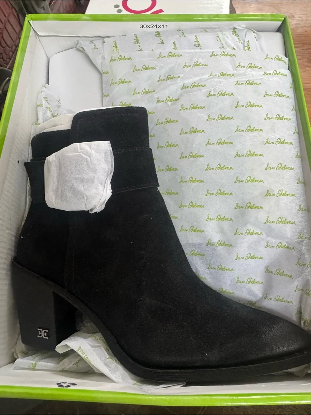 Sam Edelman Leonia Black Suede Pointed Toe Ankle Booties with buckle detail